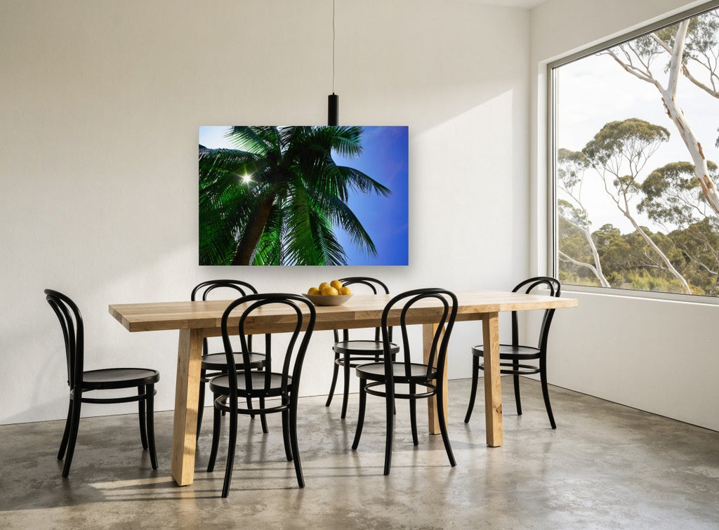Sunburst Palm Canopy landscape canvas print on the wall of a dining room