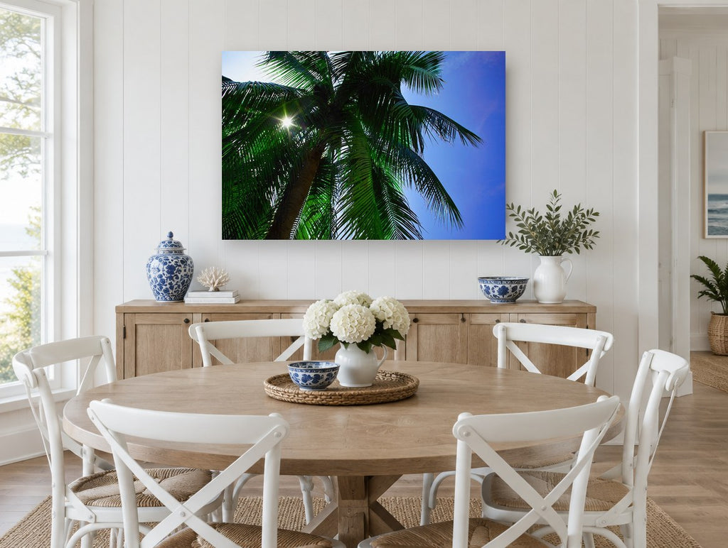 Sunburst Palm Canopy landscape canvas print on the wall of a Hamptons dining room