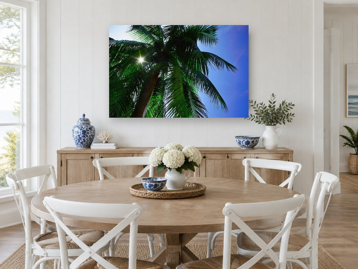 Sunburst Palm Canopy landscape canvas print on the wall of a Hamptons dining room