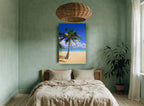 Leaning Palm Shoreline coastal canvas print on the wall of a bedroom
