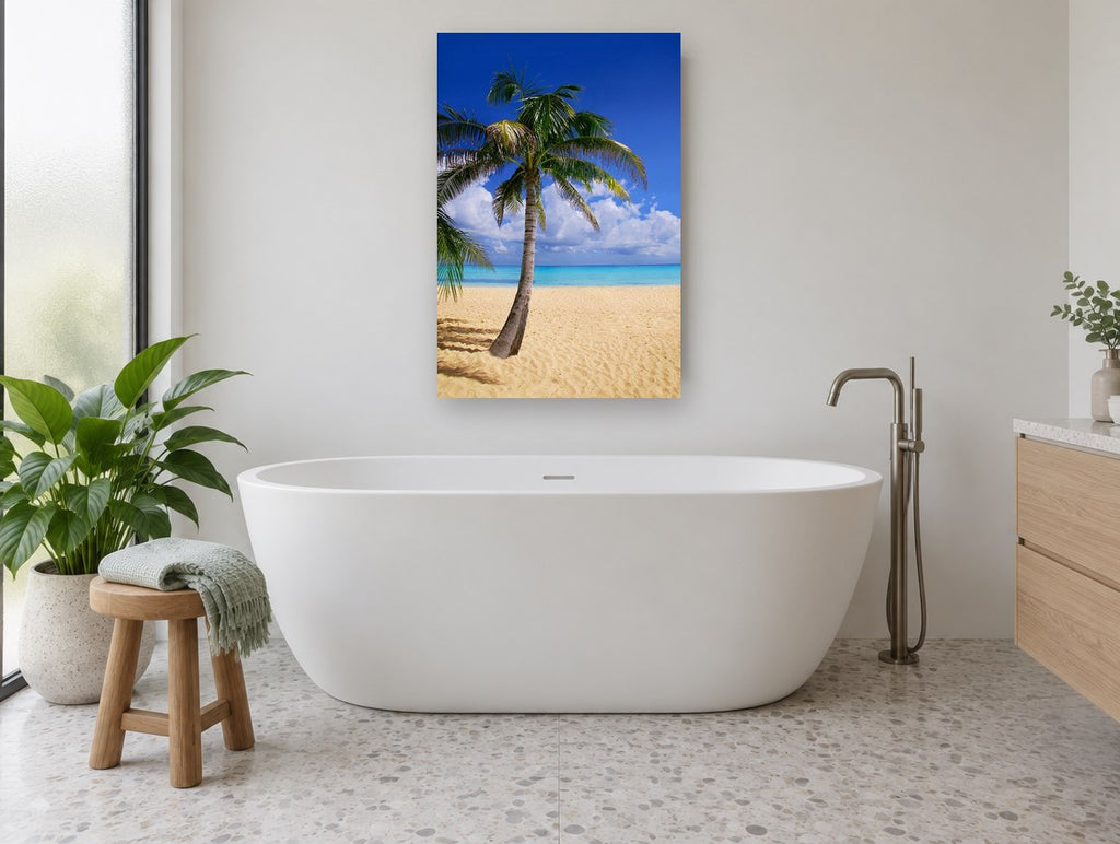 Leaning Palm Shoreline coastal canvas print on the wall of a bathroom