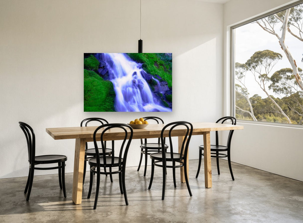 Silken Moss Cascade landscape canvas print on the wall of a dining room