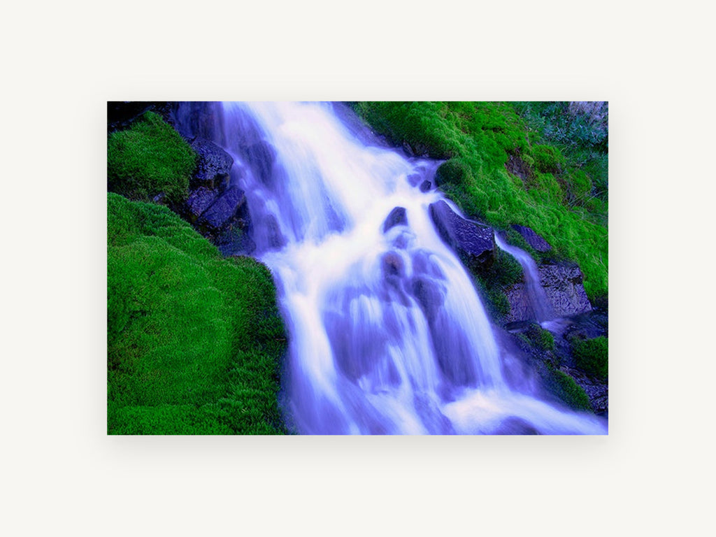 Silken Moss Cascade, moss waterfall long exposure photograph, landscape canvas wall art print, front view