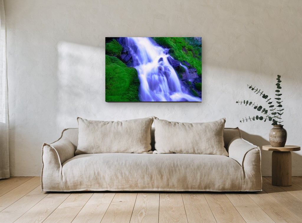 Silken Moss Cascade landscape canvas print on the wall of a living room