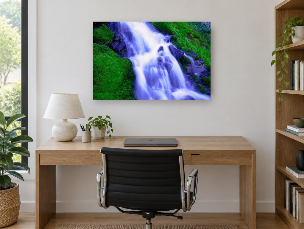 Silken Moss Cascade landscape canvas print on the wall of a study