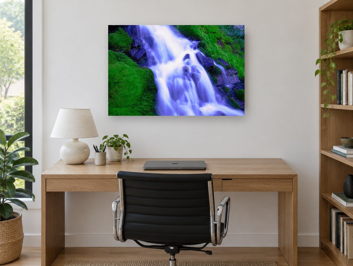 Silken Moss Cascade landscape canvas print on the wall of a study