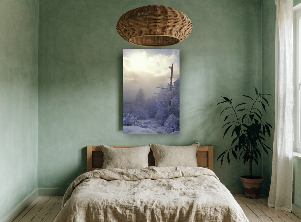 Frosted Ridge Sunburst landscape canvas print on the wall of a bedroom