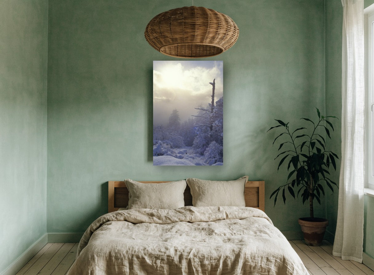 Frosted Ridge Sunburst landscape canvas print on the wall of a bedroom