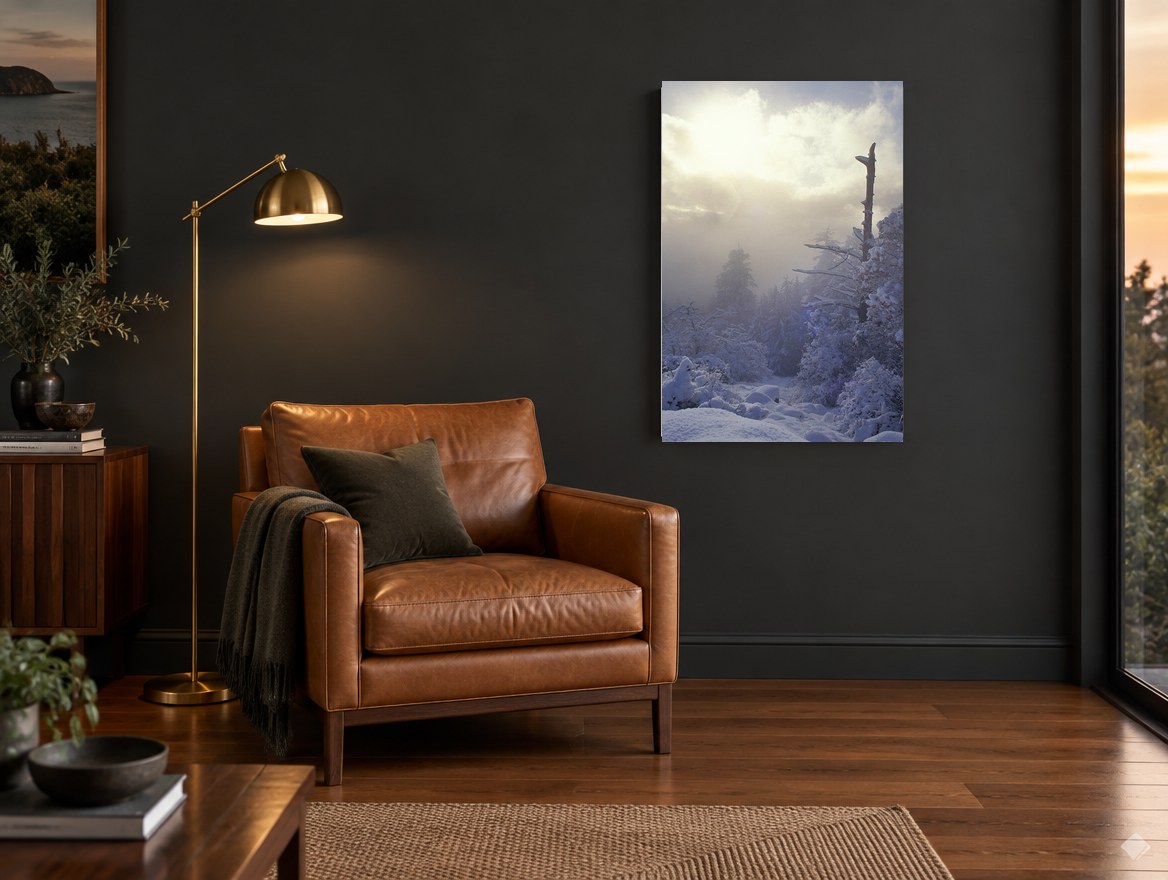 Frosted Ridge Sunburst landscape canvas print on the wall of a charcoal living room