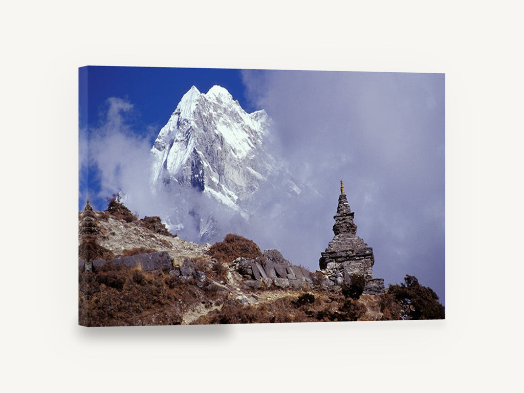 Stupa Beneath the Peak, himalayan stupa snow peak photograph, landscape canvas wall art print ready to hang