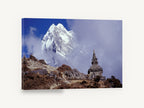 Stupa Beneath the Peak, himalayan stupa snow peak photograph, landscape canvas wall art print ready to hang