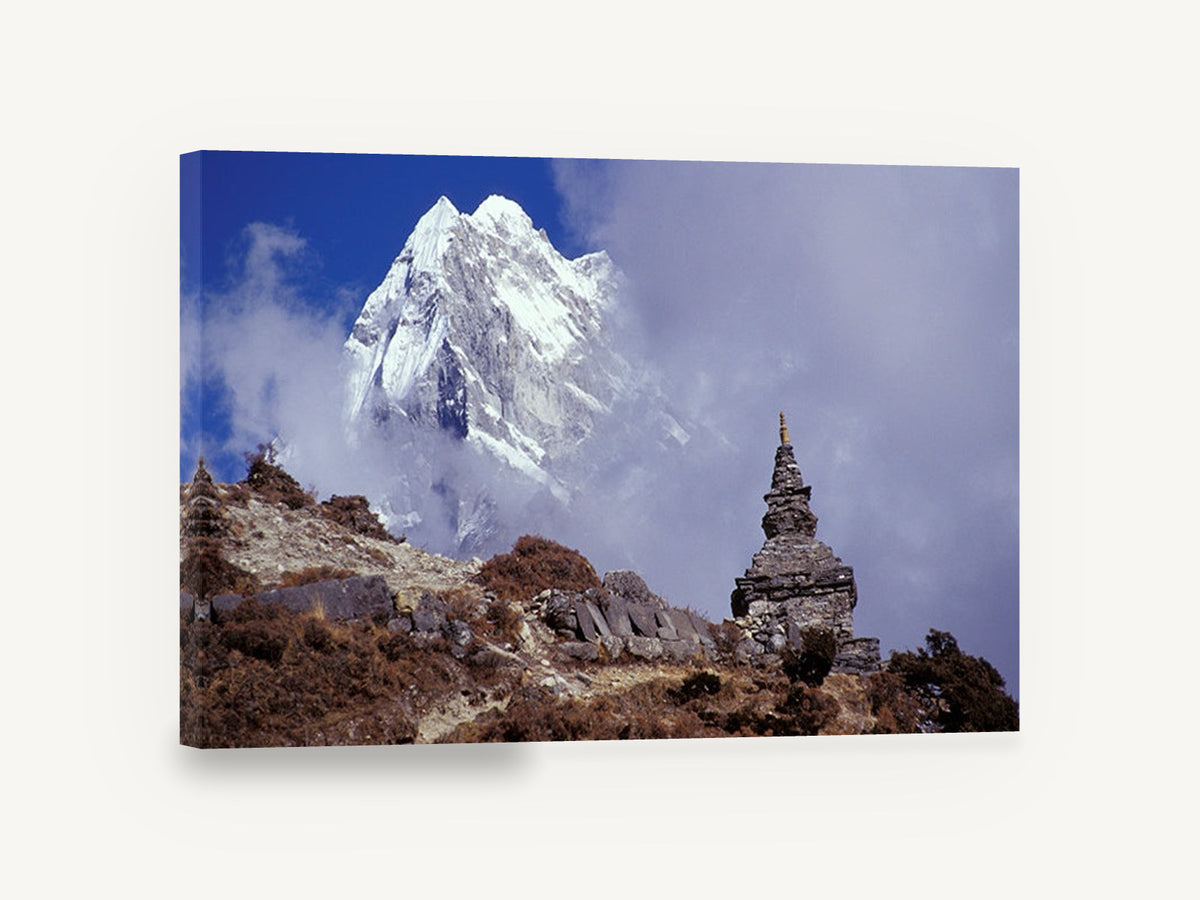 Stupa Beneath the Peak, himalayan stupa snow peak photograph, landscape canvas wall art print ready to hang
