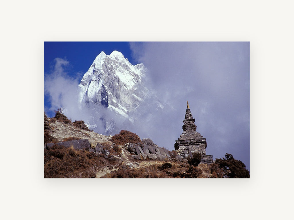 Stupa Beneath the Peak, himalayan stupa snow peak photograph, landscape canvas wall art print, front view