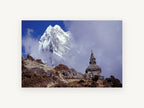 Stupa Beneath the Peak, himalayan stupa snow peak photograph, landscape canvas wall art print, front view