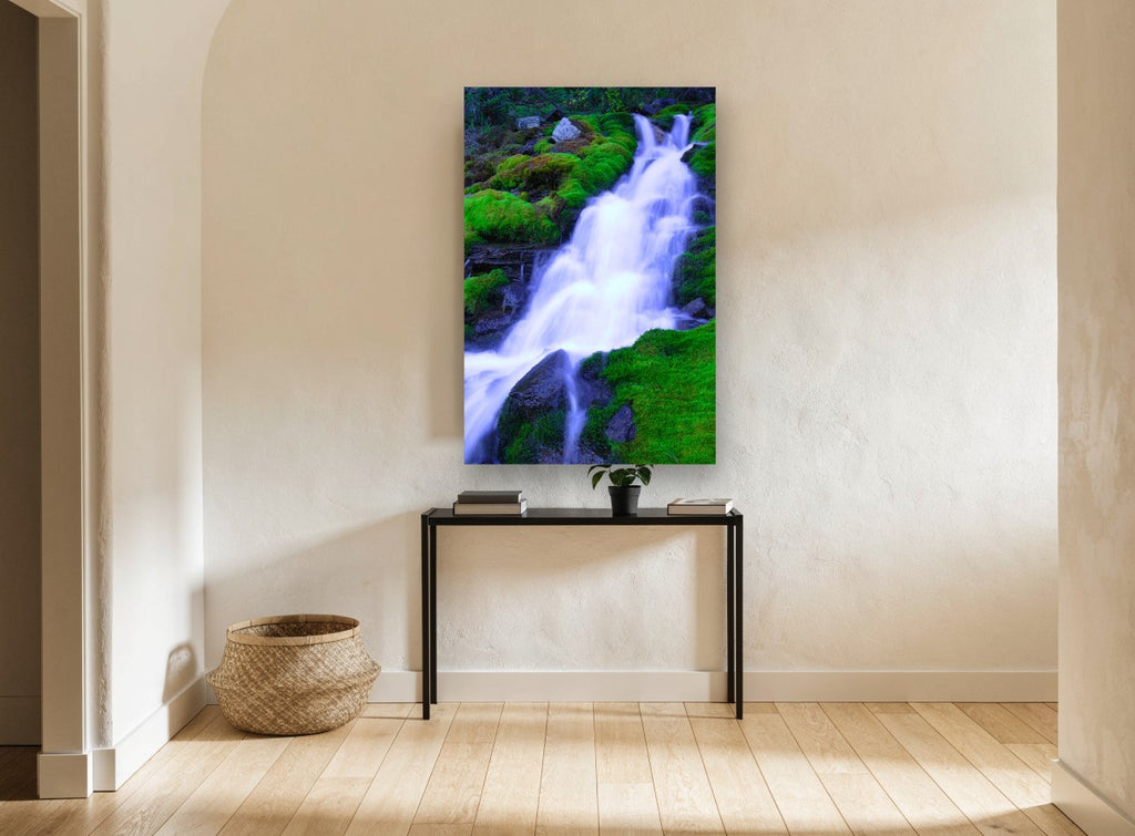 Mossy Cascade Veil landscape canvas print on the wall of a hallway