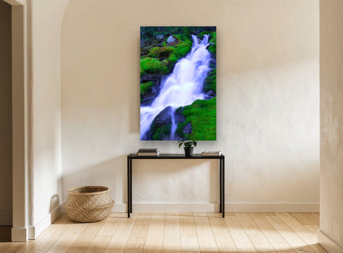 Mossy Cascade Veil landscape canvas print on the wall of a hallway