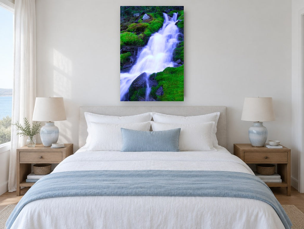 Mossy Cascade Veil landscape canvas print on the wall of a bedroom