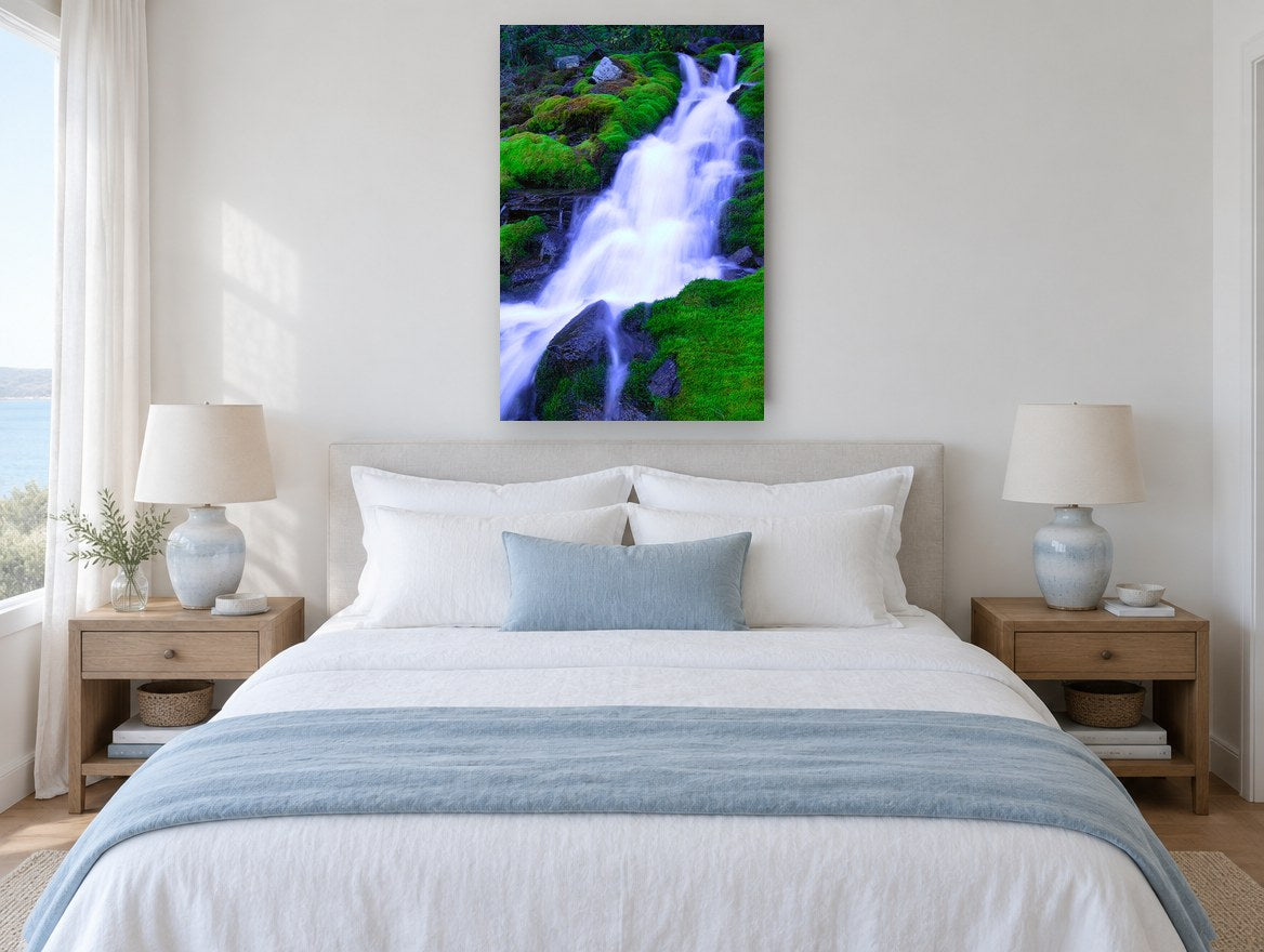 Mossy Cascade Veil landscape canvas print on the wall of a bedroom