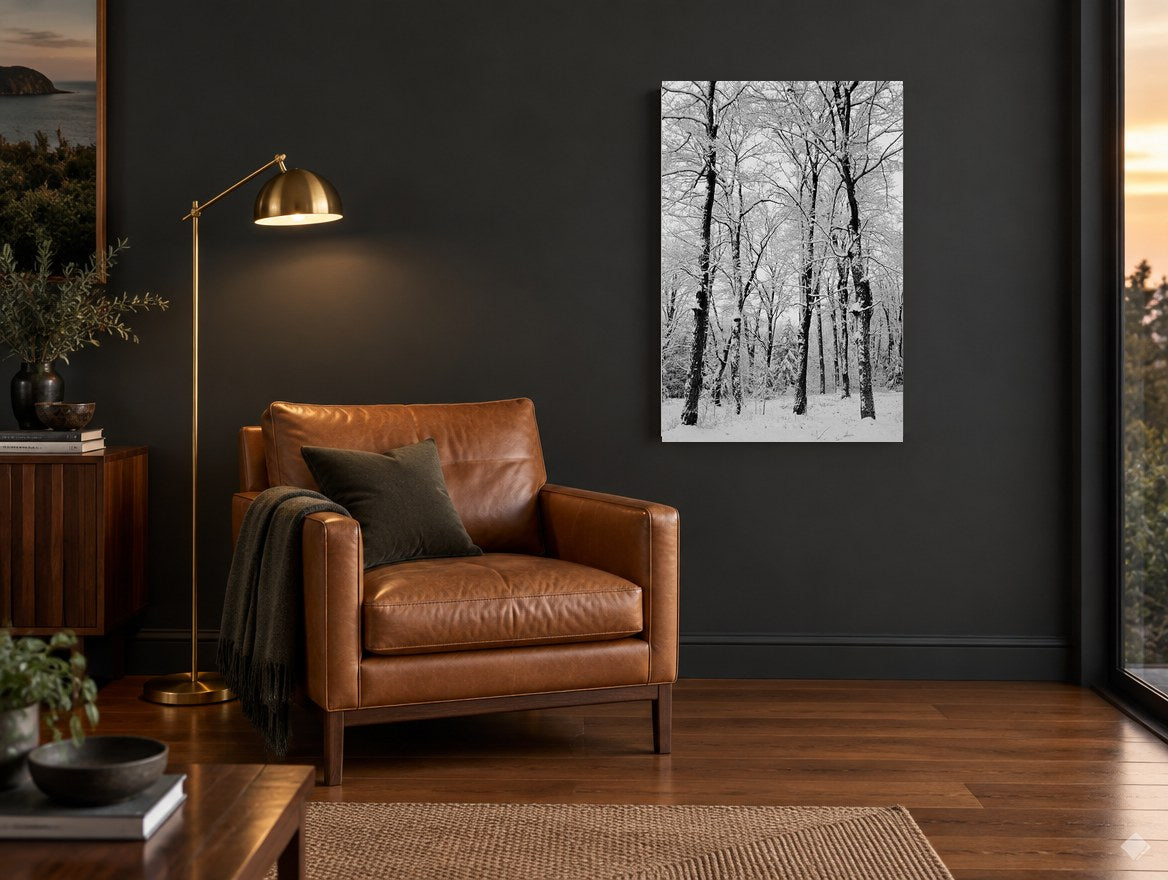 Snowbound Beech Grove landscape canvas print on the wall of a charcoal living room