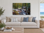 First Snow Creek landscape canvas print on the wall of a beach house living room