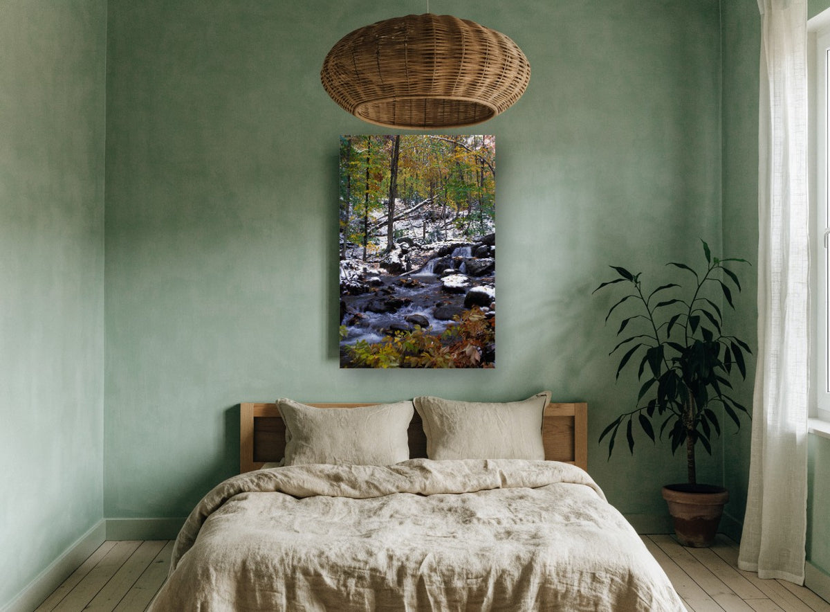 Frosted Cascade Woodland landscape canvas print on the wall of a bedroom