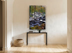 Frosted Cascade Woodland landscape canvas print on the wall of a hallway