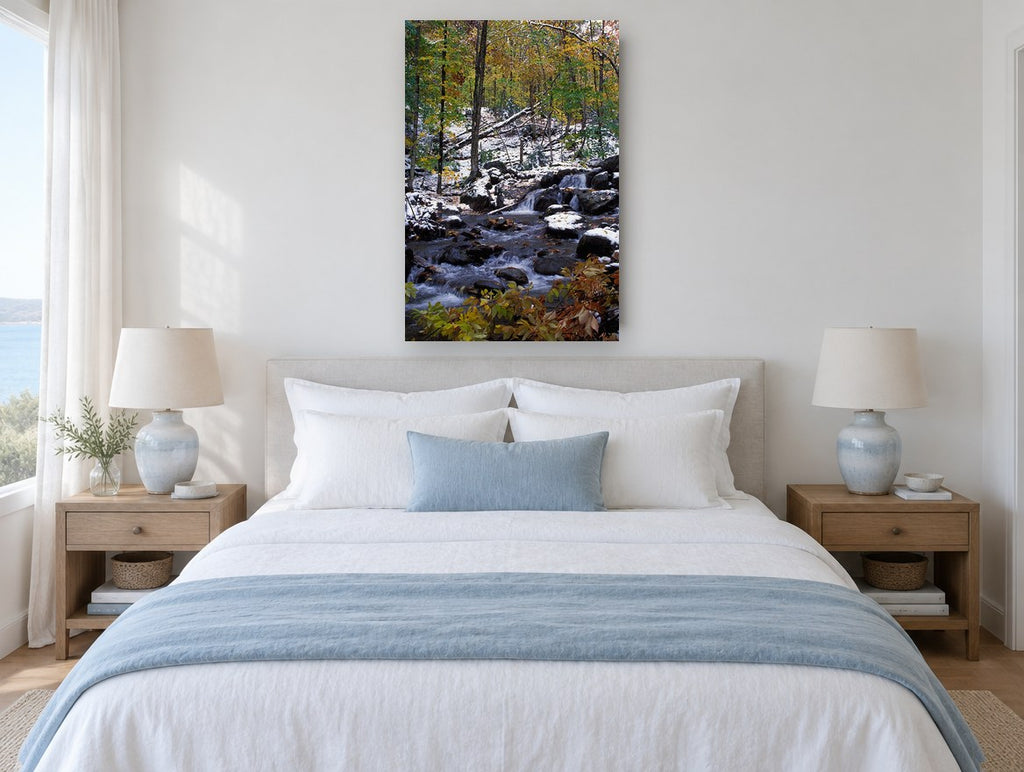 Frosted Cascade Woodland landscape canvas print on the wall of a bedroom