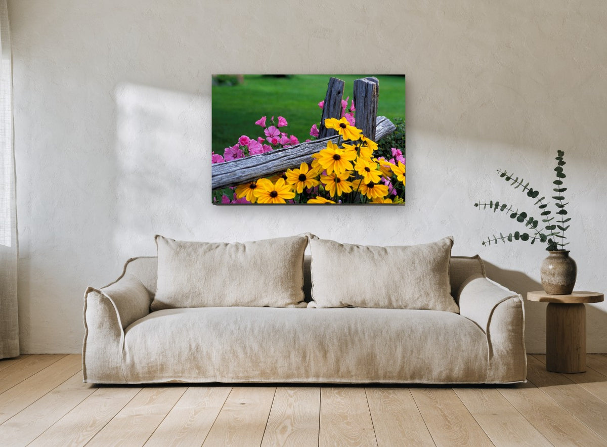 Fence Line Blooms floral canvas print on the wall of a living room