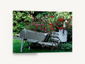 Garden Wheelbarrow Planter, white wheelbarrow flower garden photograph, floral canvas wall art print ready to hang