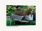 Garden Wheelbarrow Planter, white wheelbarrow flower garden photograph, floral canvas wall art print ready to hang