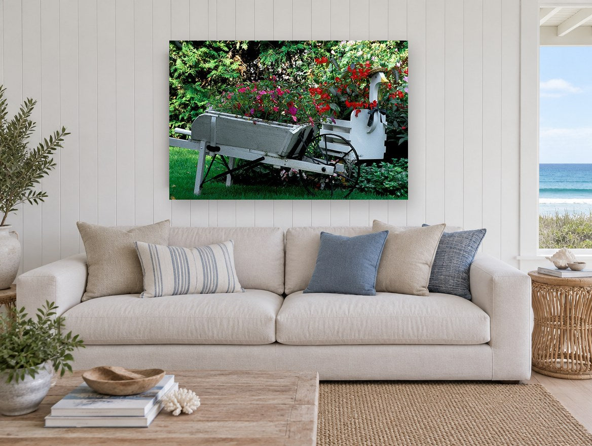 Garden Wheelbarrow Planter floral canvas print on the wall of a beach house living room