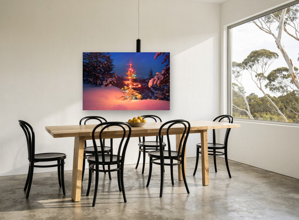 Lit Fir at Dusk landscape canvas print on the wall of a dining room