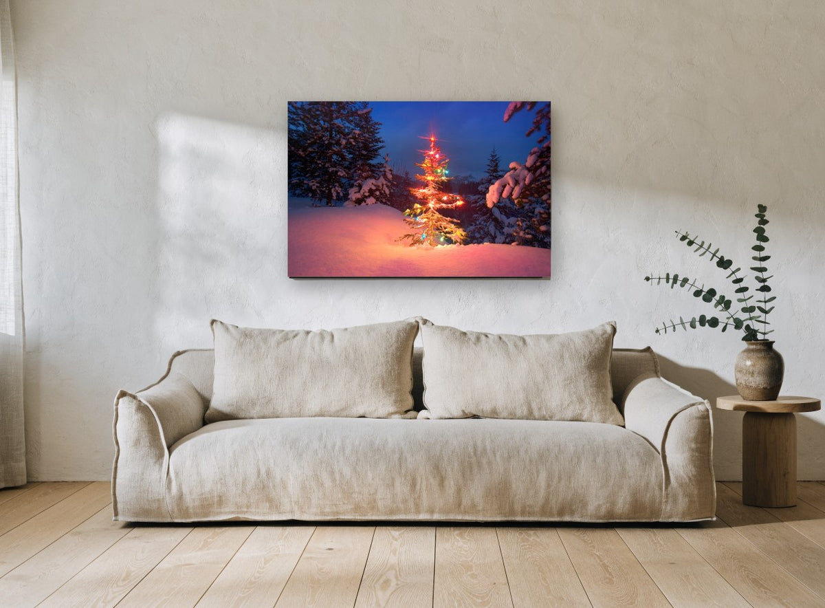 Lit Fir at Dusk landscape canvas print on the wall of a living room