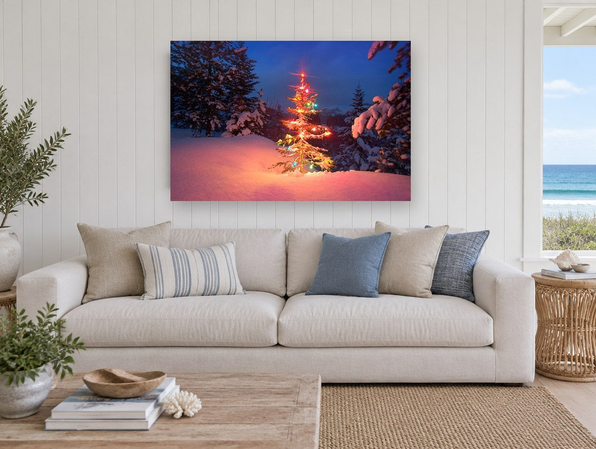 Lit Fir at Dusk landscape canvas print on the wall of a beach house living room
