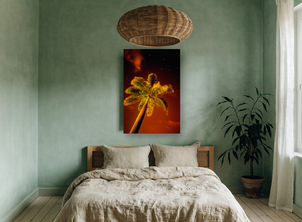 Palm Under Red Sky landscape canvas print on the wall of a bedroom