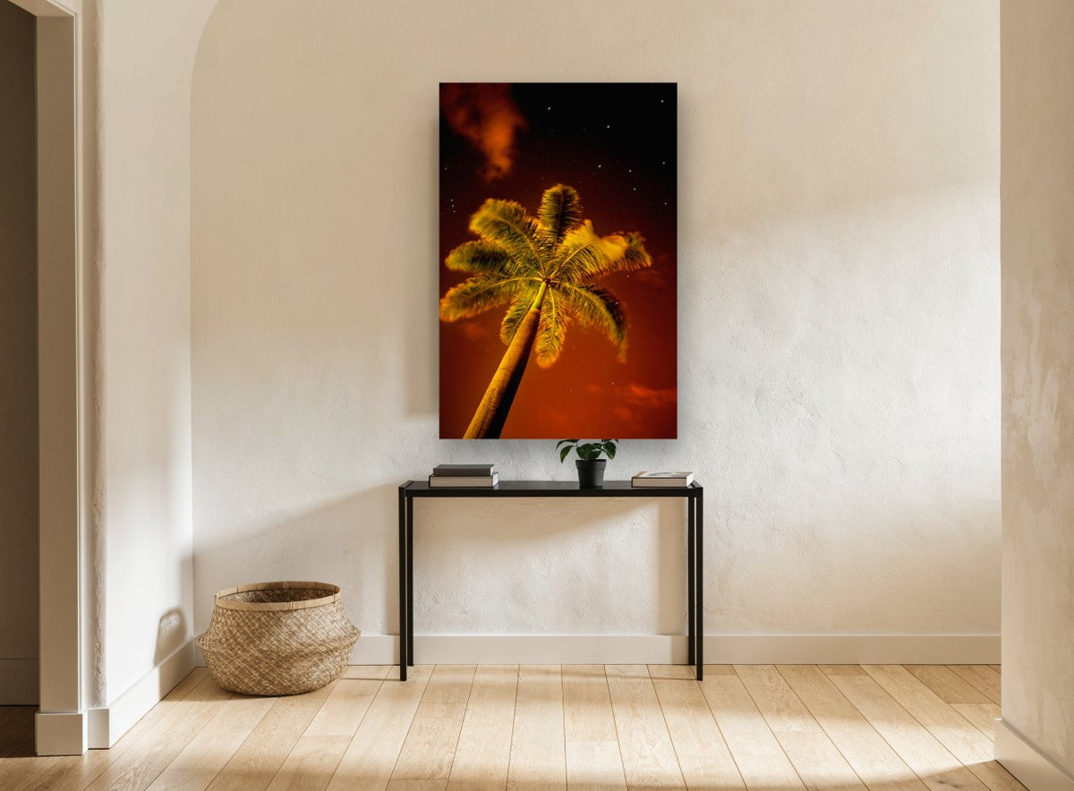 Palm Under Red Sky landscape canvas print on the wall of a hallway