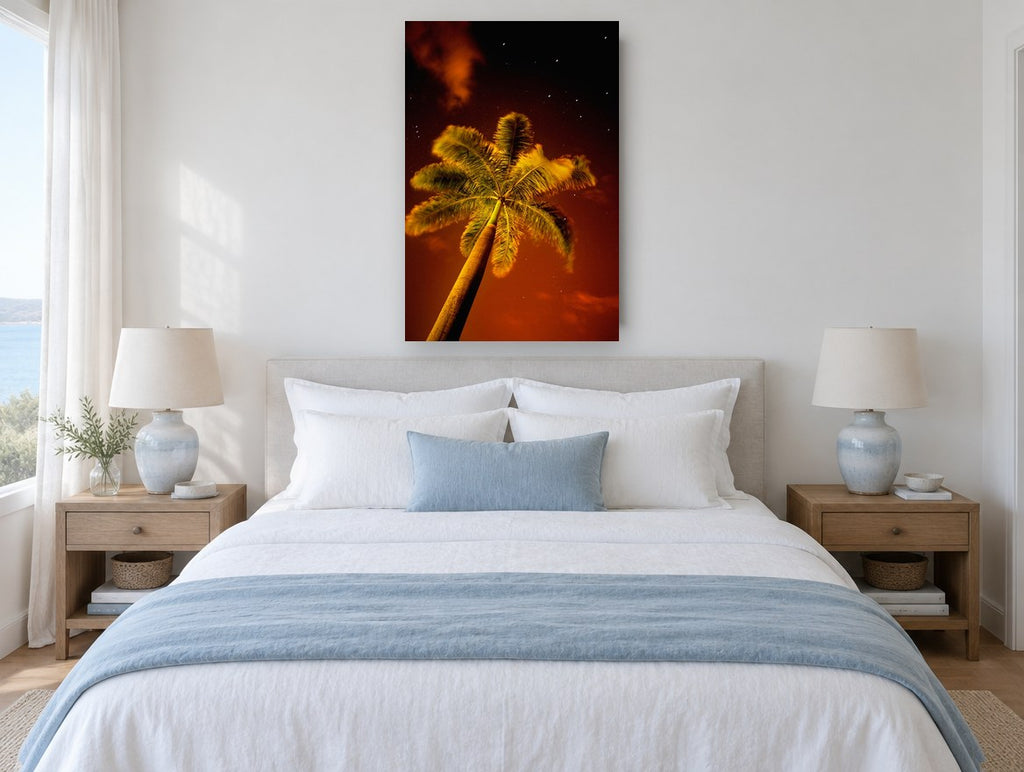 Palm Under Red Sky landscape canvas print on the wall of a bedroom