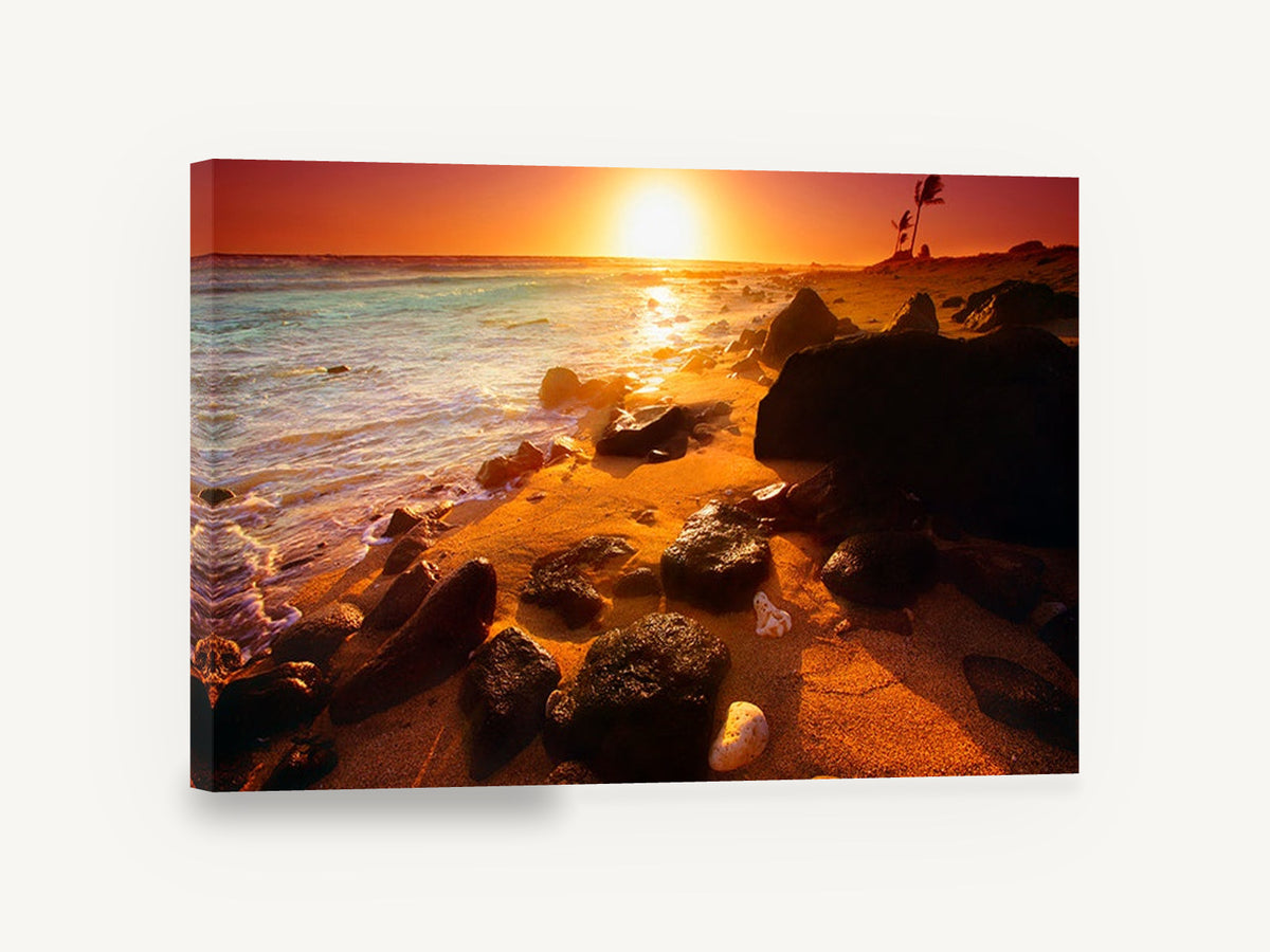Ember Shore Sunset, sunset beach black rocks photograph, coastal canvas wall art print ready to hang