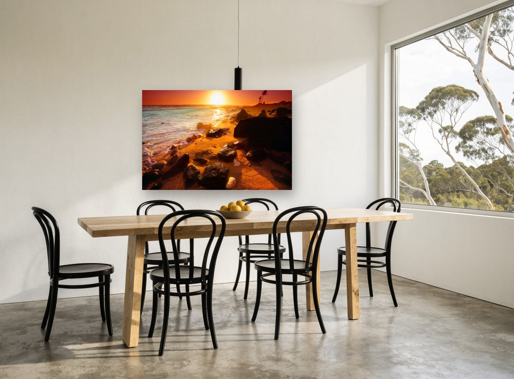 Ember Shore Sunset coastal canvas print on the wall of a dining room