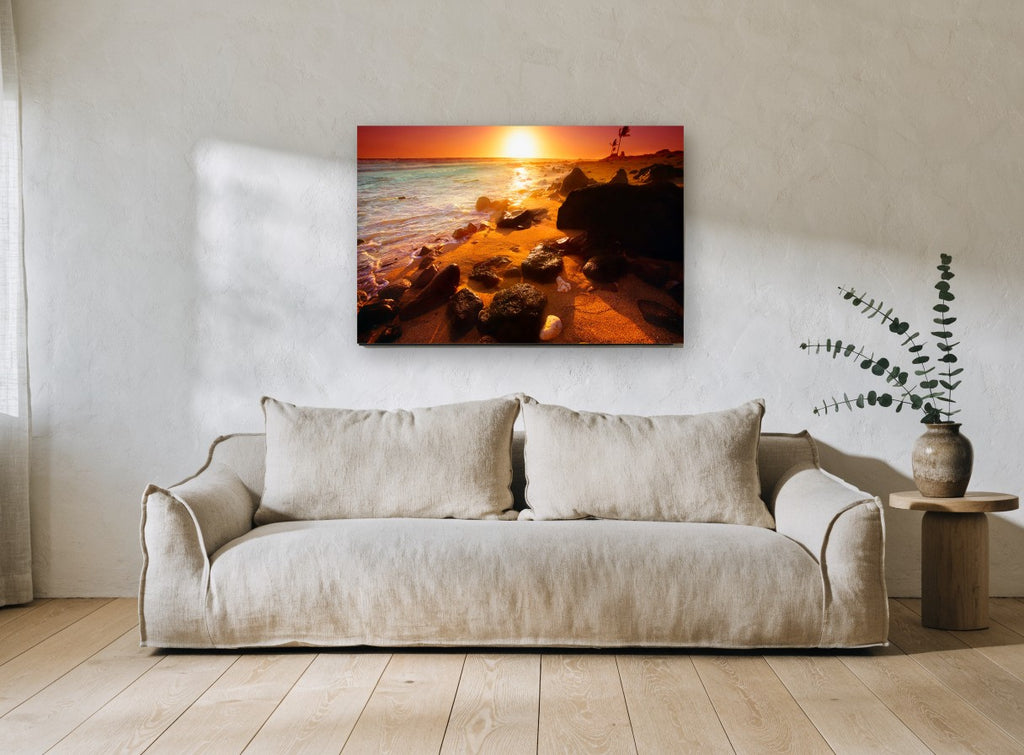 Ember Shore Sunset coastal canvas print on the wall of a living room