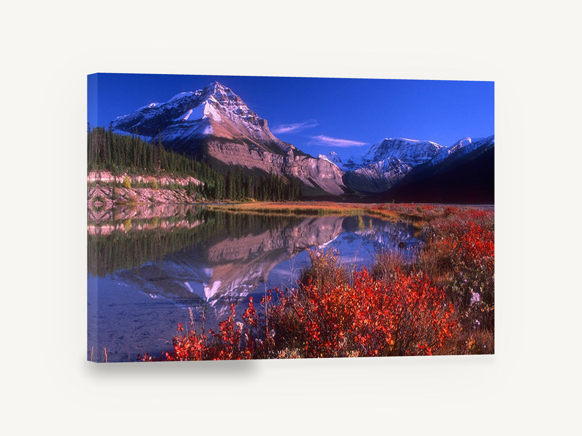Crimson Shrubs Alpine Lake, alpine lake autumn mountain photograph, landscape canvas wall art print ready to hang