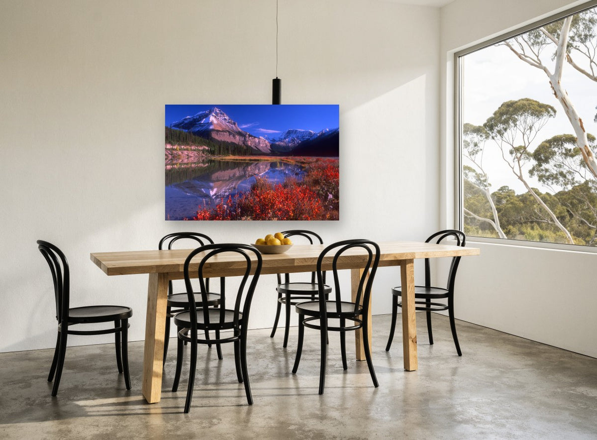 Crimson Shrubs Alpine Lake landscape canvas print on the wall of a dining room