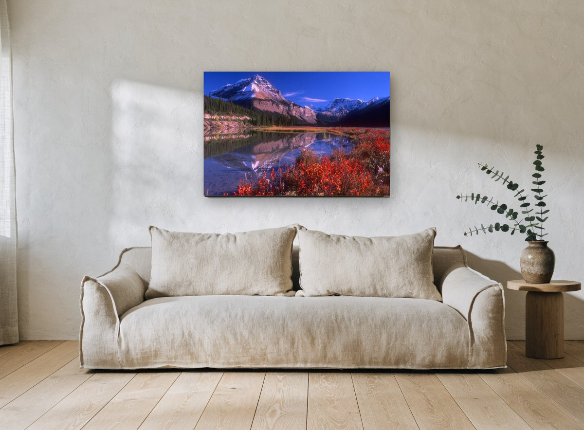 Crimson Shrubs Alpine Lake landscape canvas print on the wall of a living room