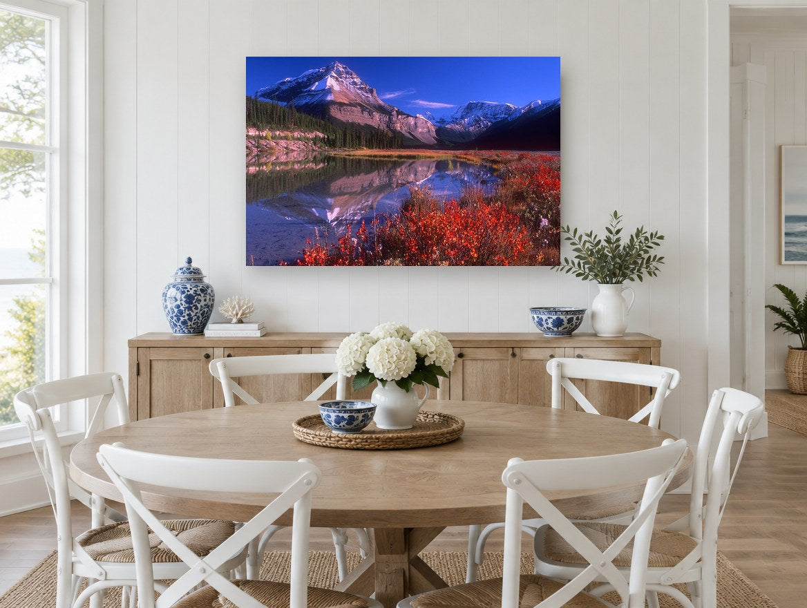 Crimson Shrubs Alpine Lake landscape canvas print on the wall of a Hamptons dining room