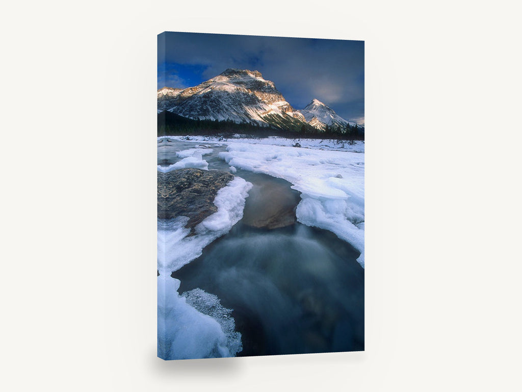Frozen River Bend, icy river snowy mountains photograph, landscape canvas wall art print ready to hang