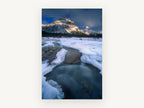 Frozen River Bend, icy river snowy mountains photograph, landscape canvas wall art print, front view