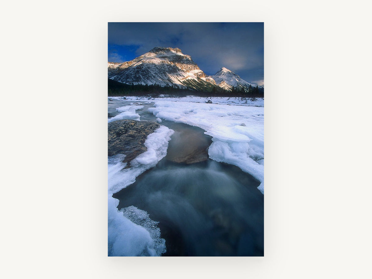 Frozen River Bend, icy river snowy mountains photograph, landscape canvas wall art print, front view