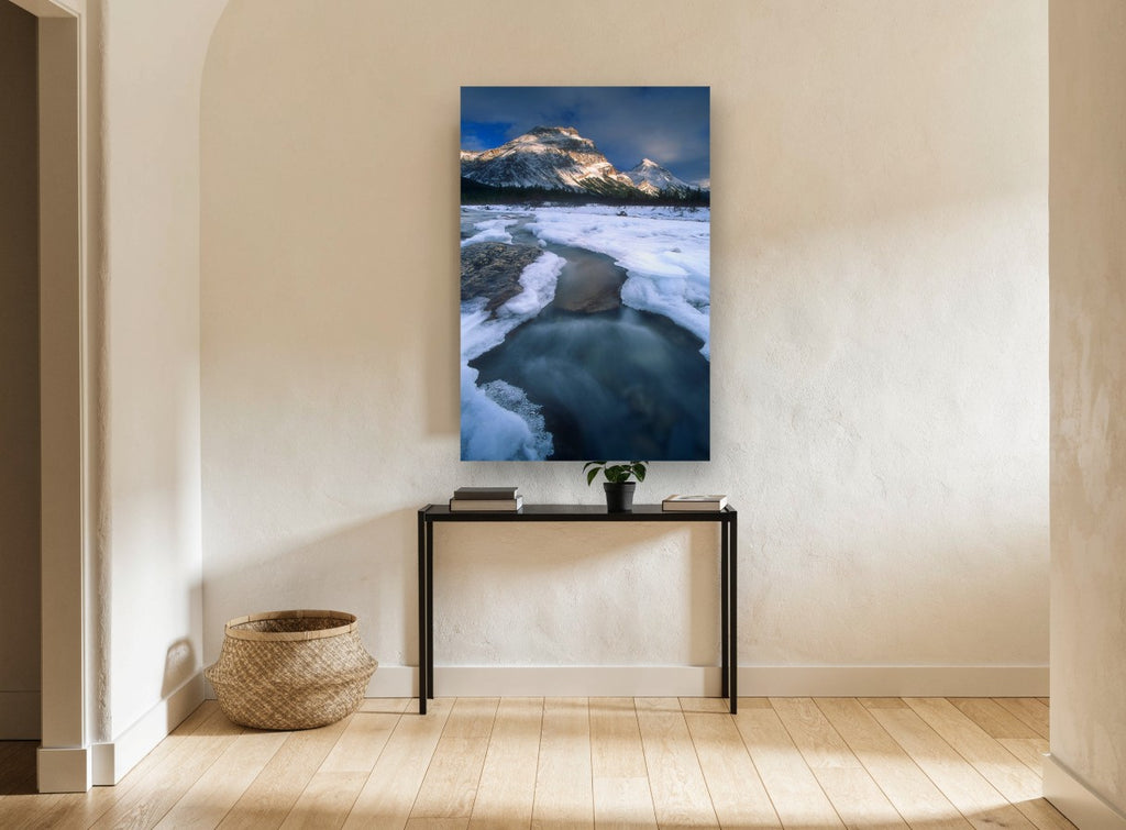Frozen River Bend landscape canvas print on the wall of a hallway