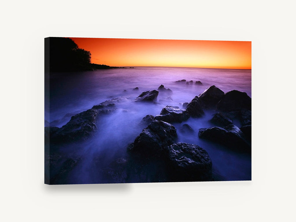 Misty Rocks at Dusk, misty rocky shore sunset photograph, coastal canvas wall art print ready to hang