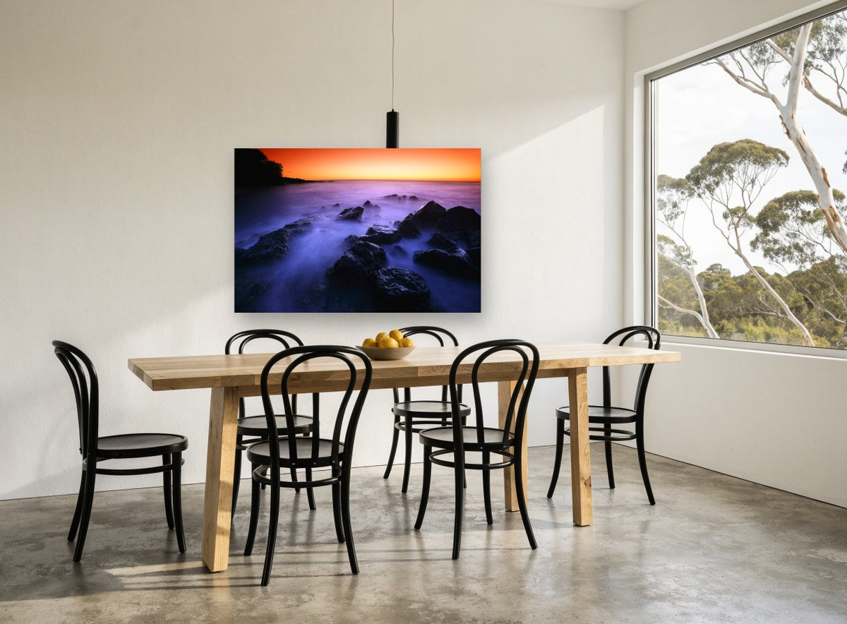 Misty Rocks at Dusk coastal canvas print on the wall of a dining room